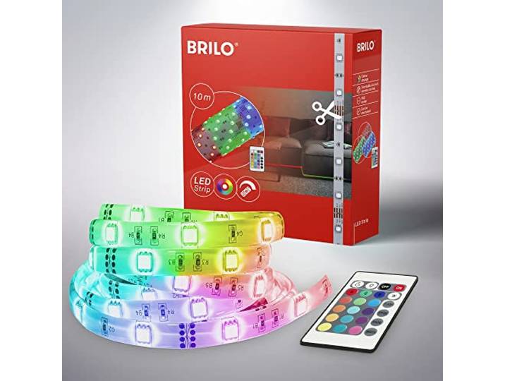 Briloner Leuchten – 10m LED Band, dimmbar, LED Strip RGB, Streifen 300xRGB, 0,08W, selbstklebend, weiß, 10.000x10x2,5mm (LxBxH)