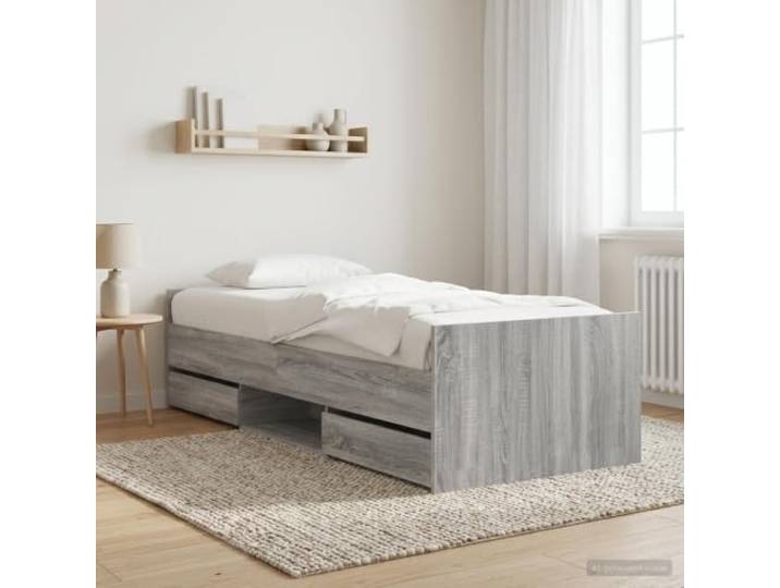 RJPLMFV Bettgestell mit Schublade, Sonoma, Grau, Holz Integrierte Aufbewahrung, modernes Design, Lamellen im Lieferumfang enthalten, einfache Montage