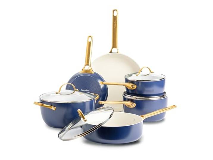GreenPan Reserve Harteloxiertes Gesundes Keramische Antihaft-Kochgeschirr Set,10 Teile,Inklusive Bratpfannen Sautierpfanne und Kochtopf,Goldgriff,PFAS-frei,Induktion,Backofenfest,Erröten Blau