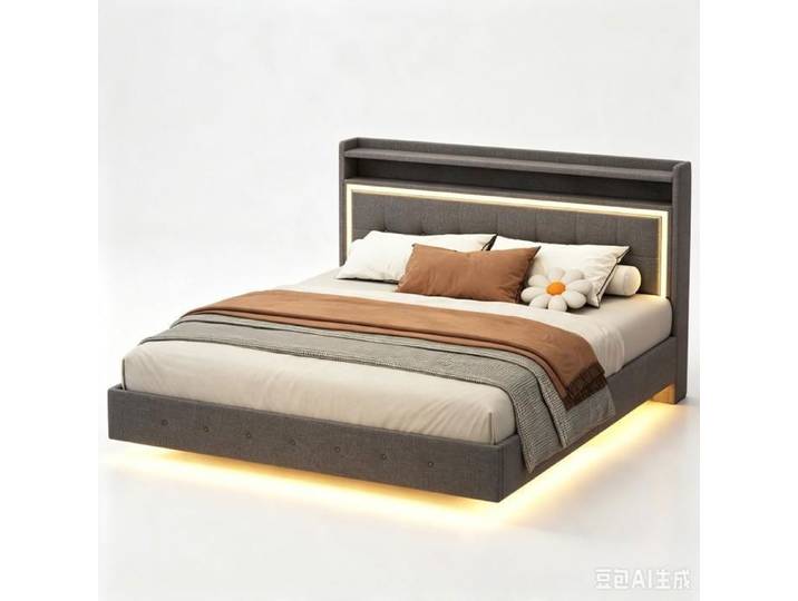 URTR Lit double capitonné 160x200 cm tête de lit avec USB et LED pieds dissimulés plateforme tissu lin gris