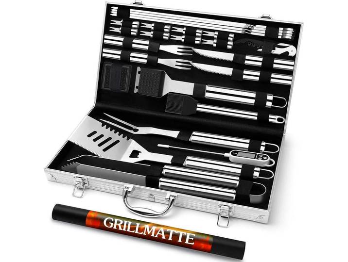 Grillbesteck Set 26-teilig Edelstahl mit Koffer und Fleischthermometer, Silberfarben, Metall, 44.5 cm, Grills, Grillzubehör