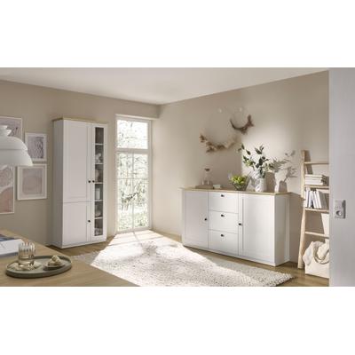 Wohnwand OTTO HOME "Brest, Anbauwand im Landhausstil, Komplettset, Wohnzimmer-Set", weiß (weiß matt, eiche geölt dekor), B:342cm H:200cm T:43cm, Holzwerkstoff, Kastenmöbel-Sets, Wohnwand, enthält Vitrine + Sideboard