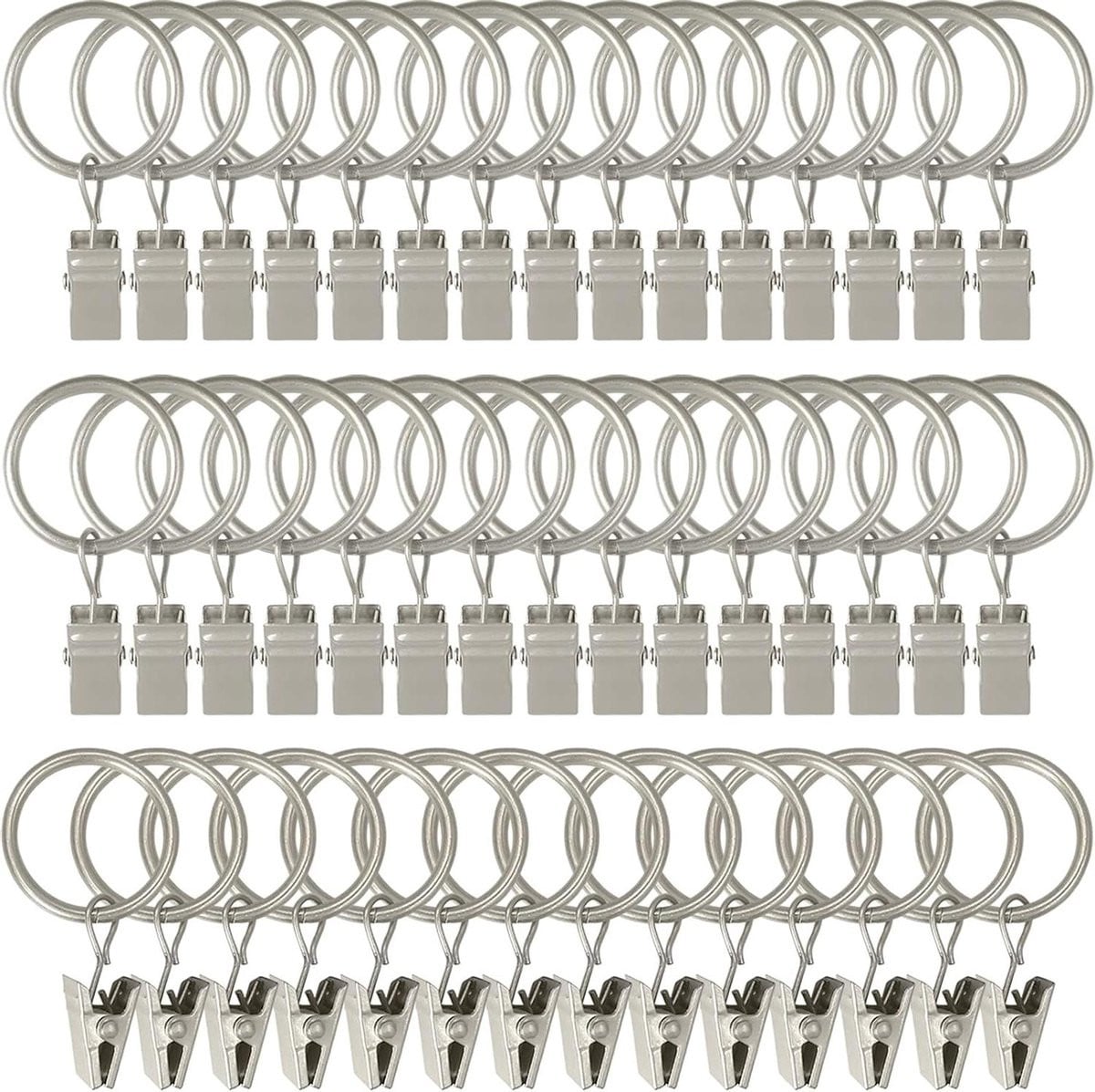 Gordijnringen met clips in mat zilver, 1 inch binnendiameter