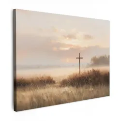 LEINWANDBILD Gras - Morgennebel - Kreuz - Christentum Wandbilder 80x60 cm