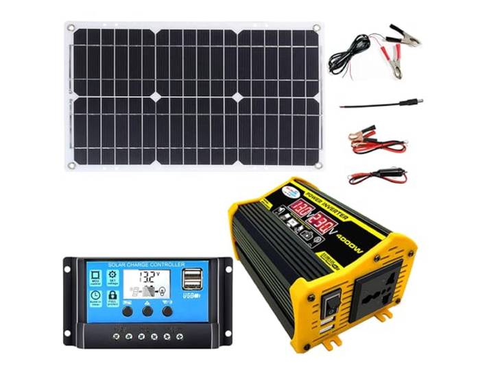 4000-W-Off-Grid-Solar-Wechselrichter-Kit mit zwei 18-W-Panels und 30-A-Controller for Wohnmobil-Bootshäuser(Black)