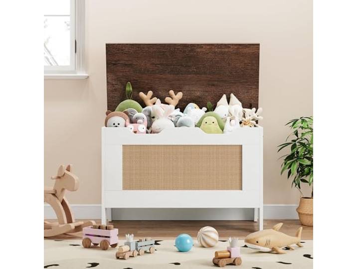 IDEALHOUSE Spielzeugtruhe Für Kinder Mit Sicherheitsklappe 100 cm Aufbewahrungsbank im Landhausstil für Flur, Wohnzimmer & Kinderzimmer (Greige, Weiß, Rustikalbraun)