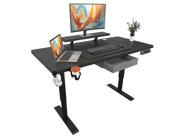 Radlove 160cm Bureau Assis Debout Droit Electrique Bureau Reglable en Hauteur avec Rangement&Etagere Vintage Bureau Gaming Noir