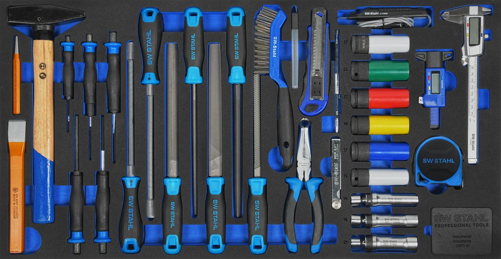 SW-Stahl Z3011-10 Werkstattwagensortiment, allgemeine Handwerkzeuge, 34-teilig I Werkzeugwagen Einlagen I Profi Werkstatteinrichtung I Werkzeugeinlage bestückt Kfz I Einsätze für Werkstattwagen