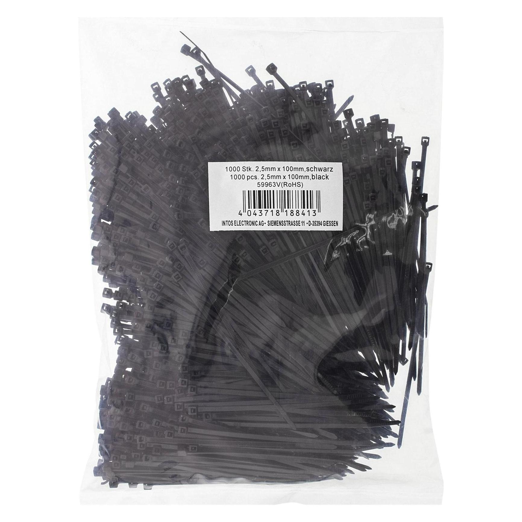 InLine Kabelbinder, Länge 100mm, Breite 2,5mm, schwarz, 1000 Stück, bulk (Kunststoffkabelbinder, 100 mm, 1000 Stk.) (59963V)