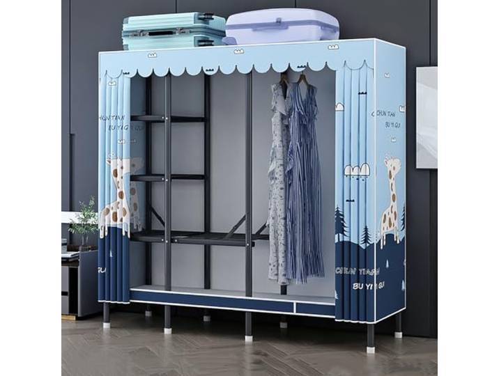 MmcdylyhEU Faltbarer tragbarer Kleiderschrank mit Abdeckung, Kleiderständer aus Metall mit Hängestangen, platzsparender Kleidungs-Organizer for Schlafzimmer(Blue3,170cm/66.9inch)