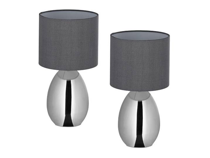 Relaxdays Nachttischlampe Silber 2er-Set E14, Silberfarben, Metall, Kunststoff, 18x33.5x18 cm, Lampen & Leuchten, Innenbeleuchtung, Tischlampen