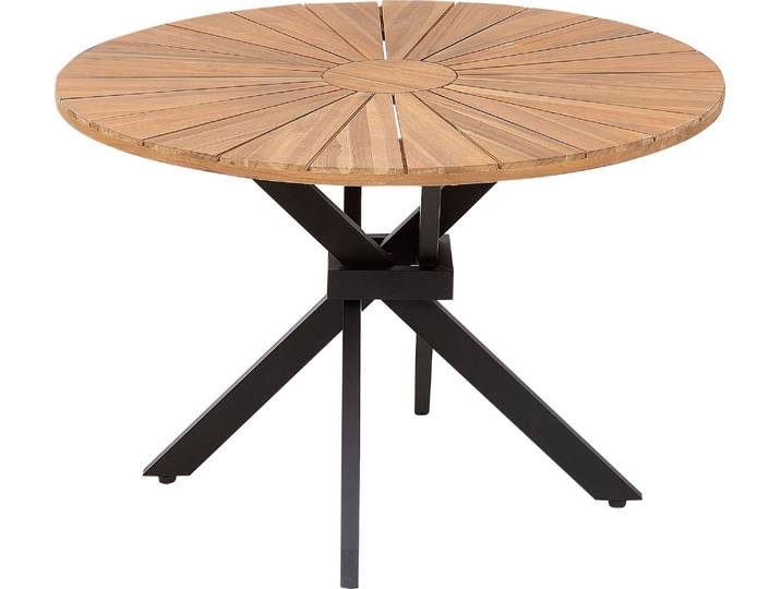 BELIANI Gartentisch Hellbraun Akazenholz Rund ⌀ 110 cm mit Schirmloch Standfuß Lattenoptik Runstikales Design Outdoor Terrasse Garten