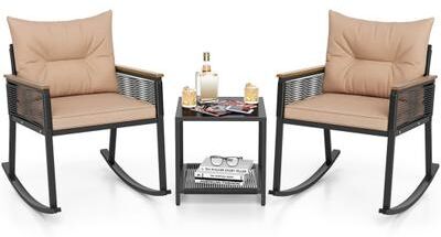 Costway 3 Piece Outdoor PE Rattan Rocking Bistro Set with 2-Tier Coffee Table-Brown