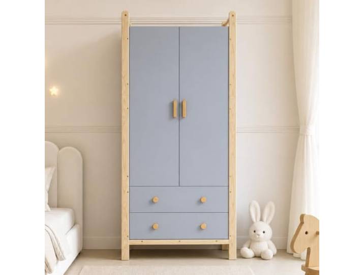 Kinderkleiderschrank 90x45x180cm Blau Kiefer 2 Türen 2 Schubladen Kinderschrank mit Kleiderstange und Schubladen aus Spanplatte und Kiefer für Schlafzimmer und Flur