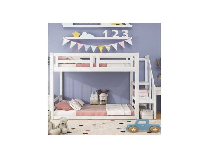 Lit superposé - 90x200 cm - Bois massif blanc - Échelle de sécurité - Design multifonctionnel