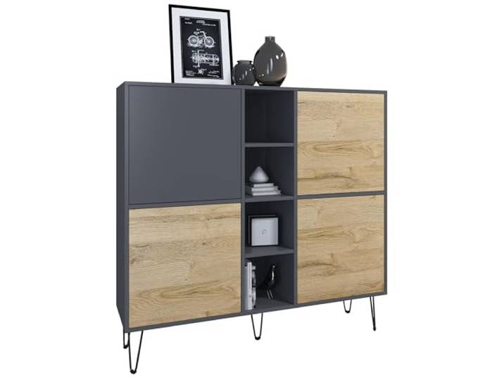 Vladon Highboard Havana V3, Kommode mit 4 Türen und 4 offene Fächer, Kommode Made in Germany, Anthrazit matt/Eiche Natur (130,5 x 124 x 35 cm)