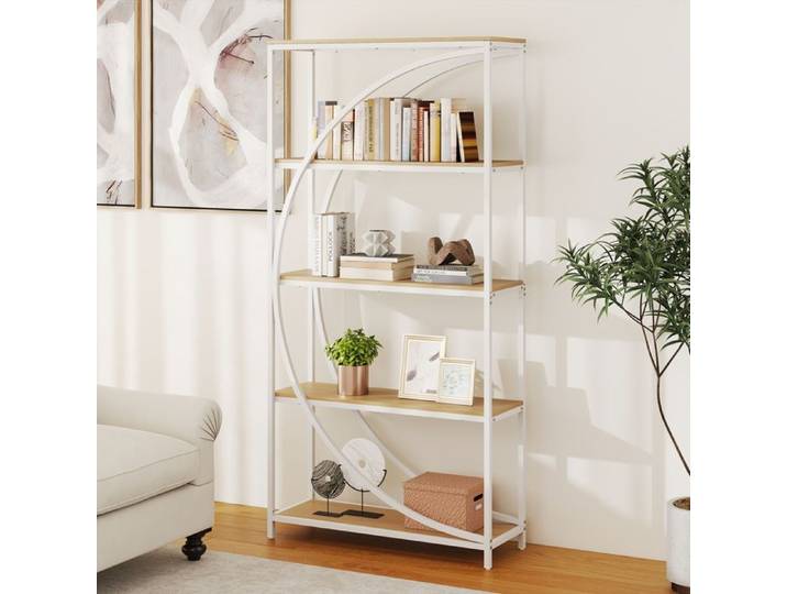 GIANTEX Bibliothèque à 5 Niveaux Cadre en Métal 86x30x175cm Étagère de Rangement pour Salon Bureau Naturel+Blanc