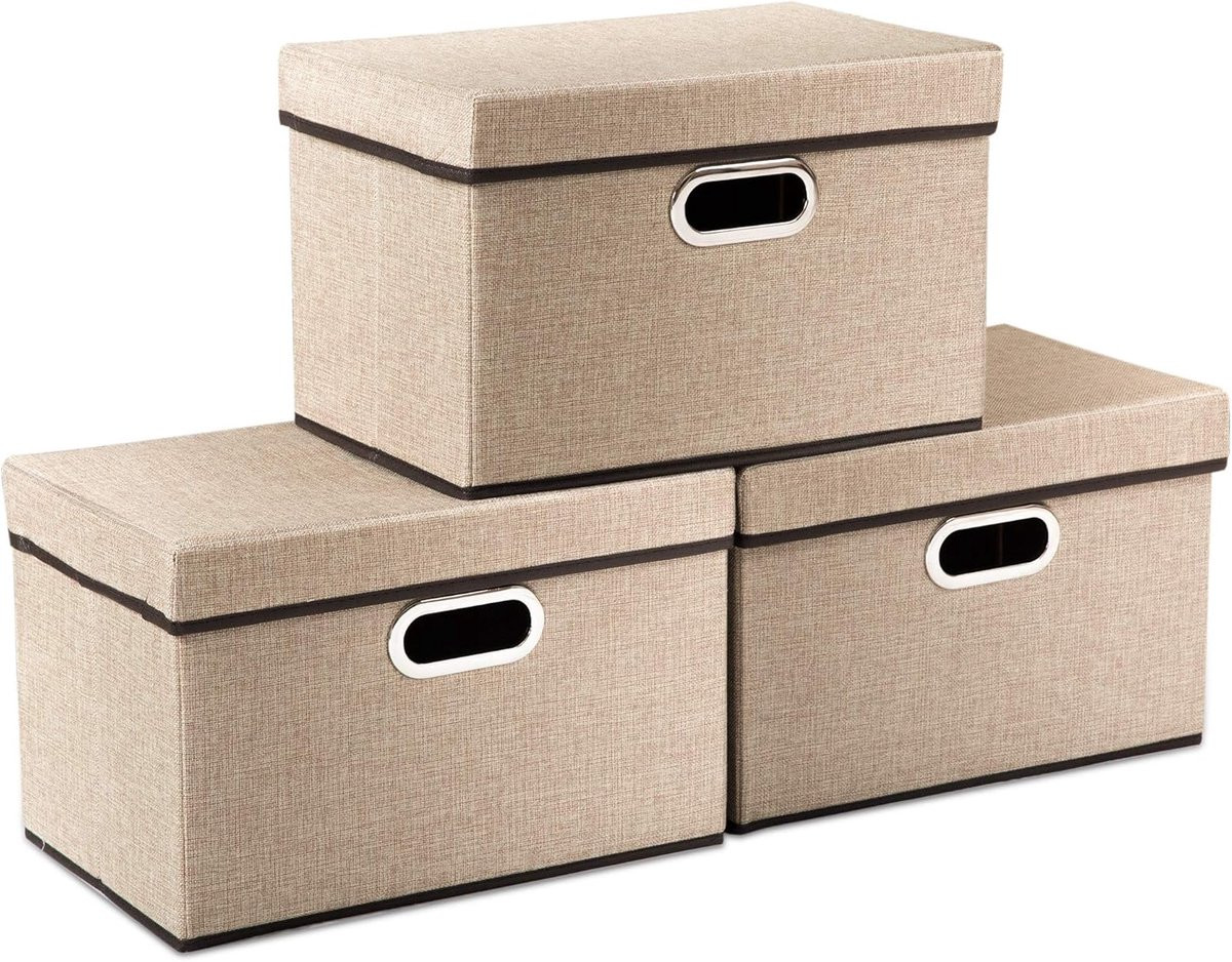 PRANDOM Opbergbox met deksel en handvatten, inklapbare decoratieve opbergmand van linnen stof