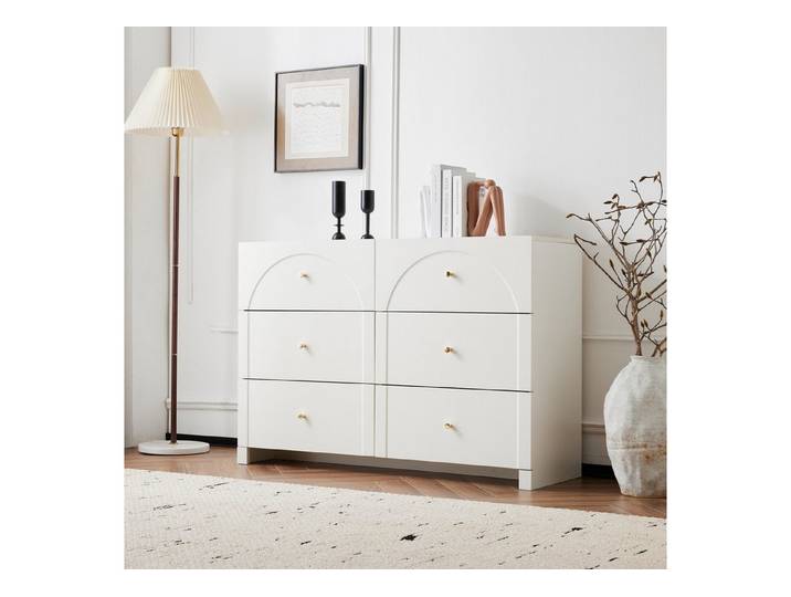 Celya Kommode Kommode mit 6 Schubladen, Weiße Türkommode mit Schubladen, für Wohnzimmer und Schlafzimmer, Maße: H82/B120/T40 cm