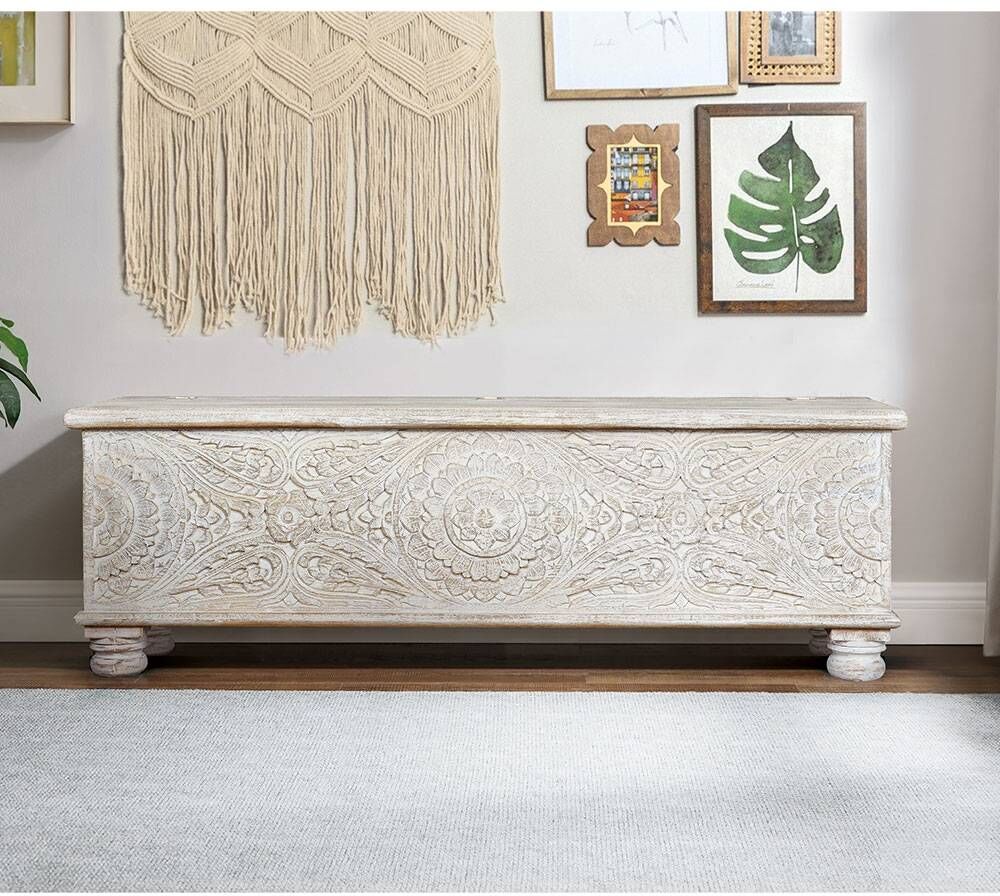 Pharao24.de Holztruhe Truhe aus Mangobaum Massivholz White Wash