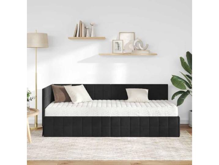 KTHLBRH Eckbett aus schwarzem Samt mit Matratze Plattform aus Sperrholz, Wand-Kopfteil, mittelfester Schaumstoff, Einzelbett 80 x 200 cm