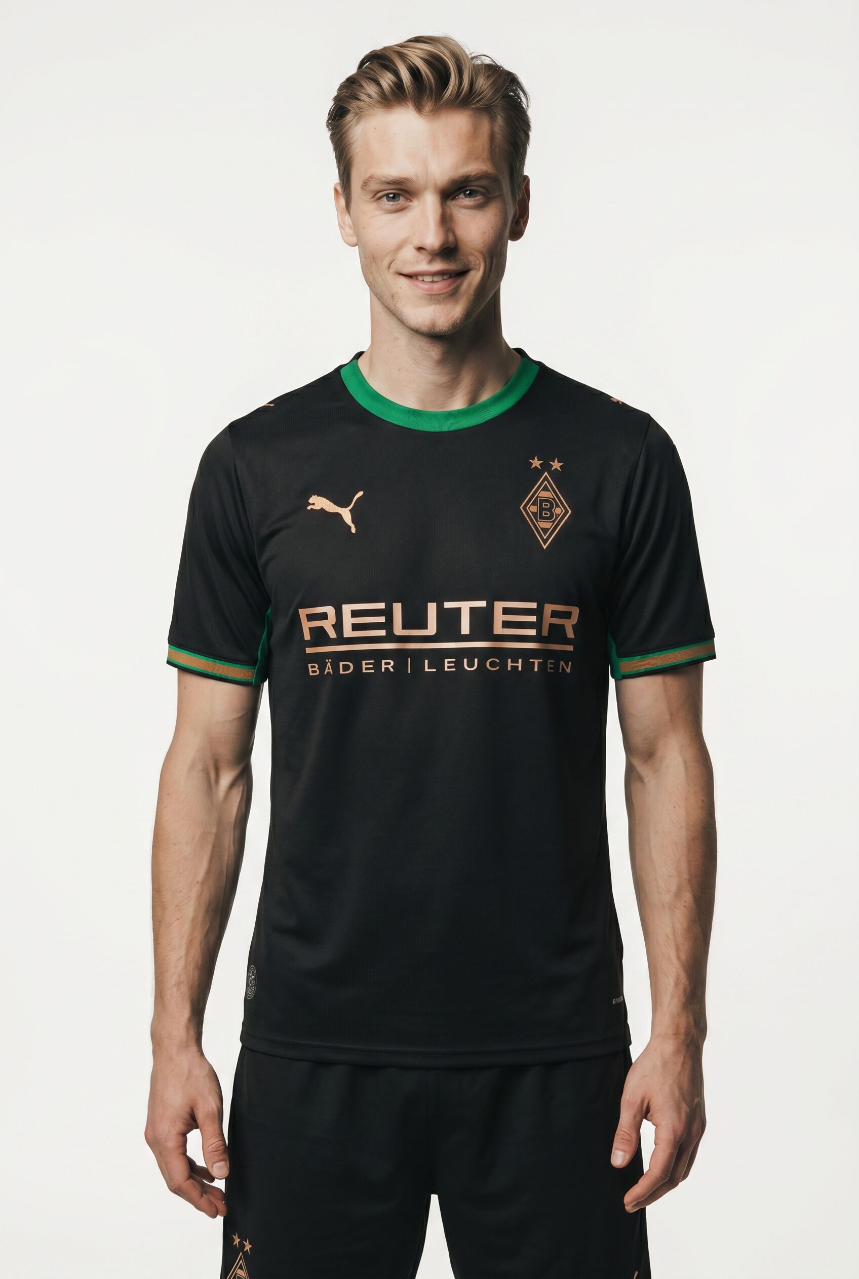 Fussballtrikot PUMA "BMG AWAY JERSEY REPLICA", Herren, Gr. S, schwarz (puma schwarz, archive grün), Web, Obermaterial: 100% Polyester, gemustert, regular fit normal, Rundhals, Trikots Fussballtrikot, mit DryCELL-Technologie, atmungsaktiv, mit Rundhalsauss