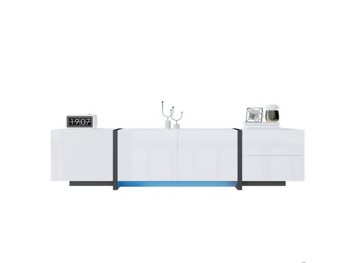 Meuble TV blanc brillant et noir avec placard à portes simples et tiroirs