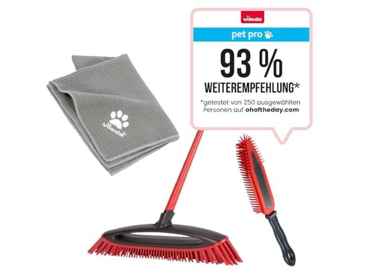 Vileda Pet Pro Komplettset, Box mit Always Clean Besen, elektrostatischer Polsterbürste und Mikrofaser Handtuch XL, Tierhaare Reinigung, Haustier abtrocknen, für jede Oberfläche, Comfort-Pack