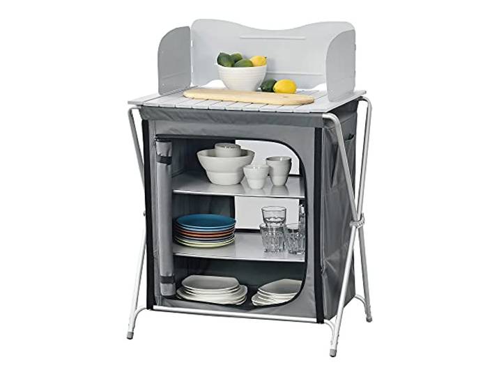 [en.casa] Campingküche Tullinge Outdoor Küche Campingschrank faltbar 109,5 x 70 x 52 cm Faltschrank mit Arbeitsplatte und Windschutz Reiseküche inkl. Tragetasche Aluminiumgestell Dunkelgrau