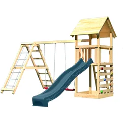 Akubi Kinderspielturm Lotti mit Satteldach inkl. Wellenrutsche anthrazit, Doppelschaukelanbau, Klettergerüst und Kletterwand