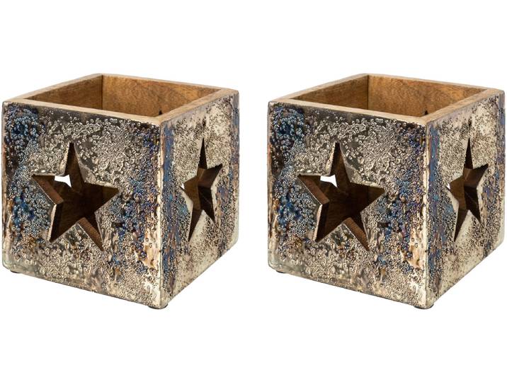 Windlicht CREATIV DECO Weihnachtsdeko , silber (silberfarben), B:13cm H:13cm T:13cm, Holzwerkstoff, Kerzenhalter, Windlicht, mit eleganter silberfarbener Folierung, 2er Set