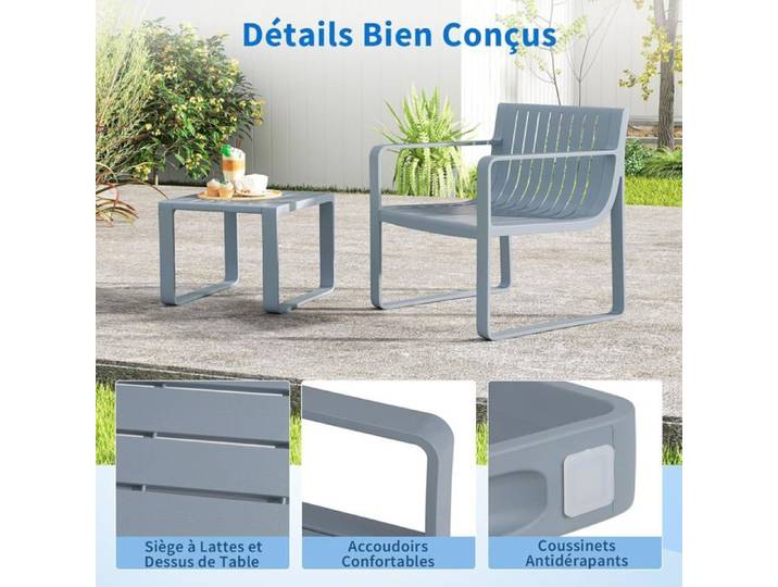 GIANTEX Ensemble de Table et Chaise de Jardin 2 Pièces Table Basse Carrée+Chaise à Lattes pour Terrasse Jardin Cour Arrière Gris