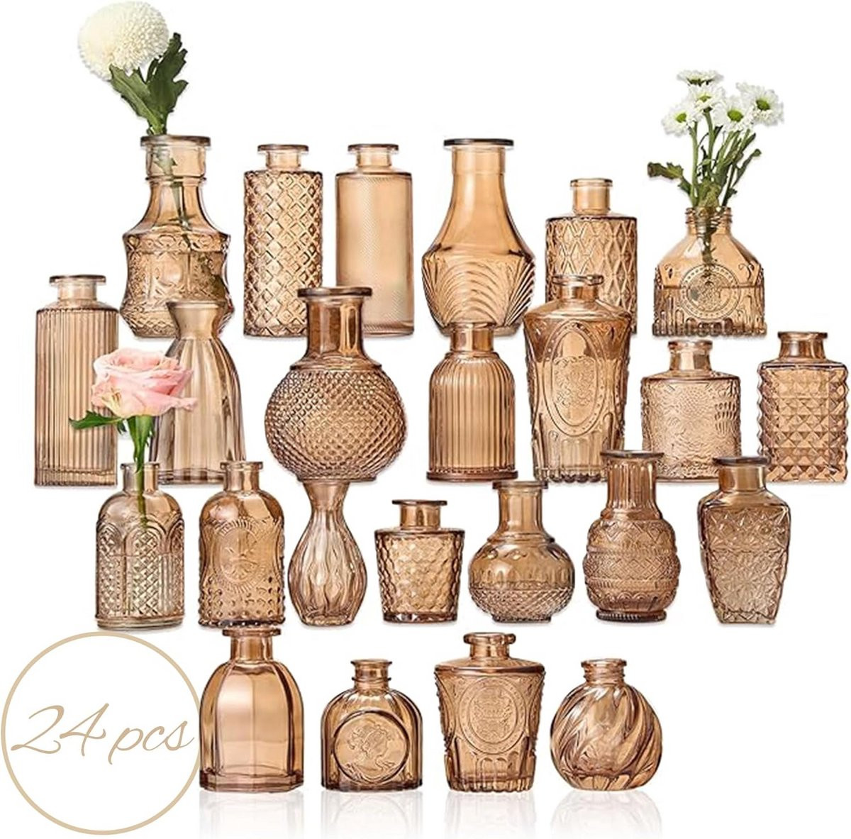 Set van 24 amberkleurige glazen budvazen voor bloemen en decoratie