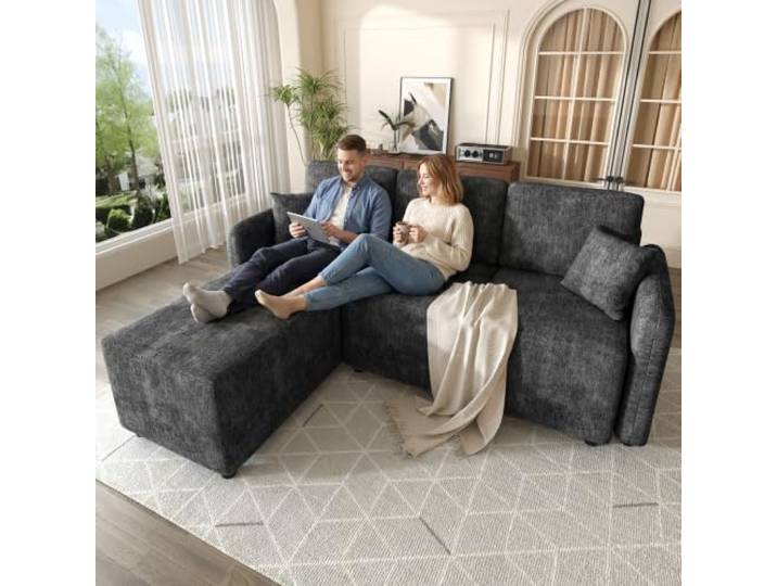 Merax L-Form Ecksofa 3-Sitzer mit Langer Liegefläche (144 cm), Chenille-Bezug & Hochdichteschaum, bequemes Sofa mit 2 Kissen, Tragkraft 150 kg, für Wohnung & Studentenwohnheim, Schwarz