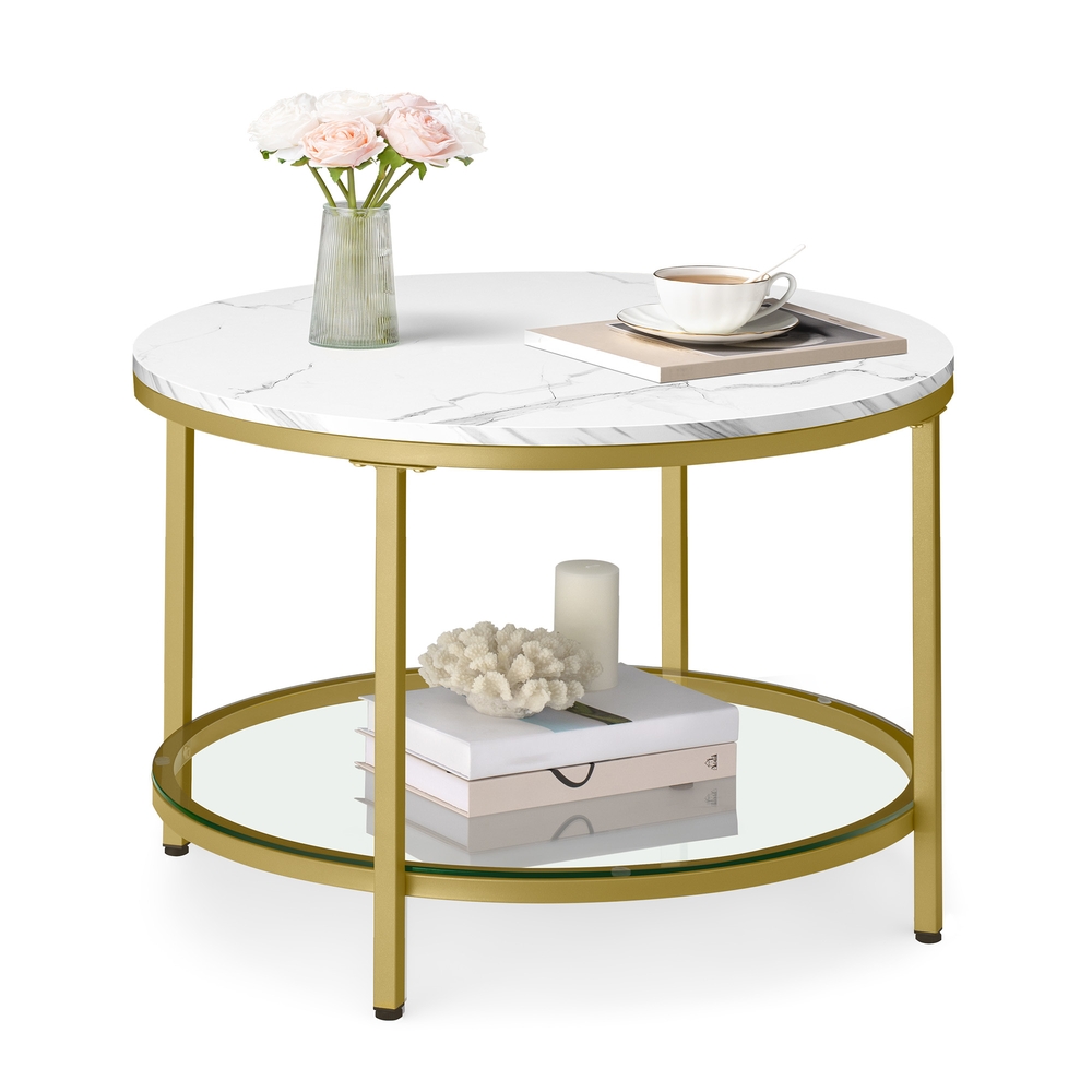 VASAGLE Couchtisch 2 Ebenen mit Glasplatte marmorweiß-helles Gold B34LCT072W59