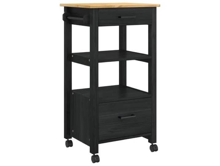 Foknhdi Küchentrolley MONZA Schwarz 48x40x88.5 cm Massivholz Kiefer Rollbarer Servierwagen aus Kiefernholz mit Schublade und Ablage für Küche oder Esszimmer. Flexibel und stabil.