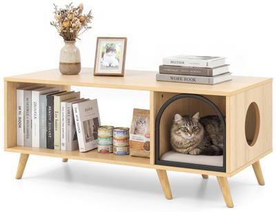 Costway 40 Inch Coffee Table Cat House 2-in-1 Wooden Kitten Furniture with Open Storage Shelf-Natural