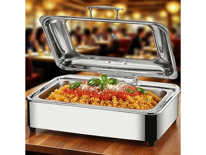 Chafing Dish Elektrisch, 9L Edelstahl Speisewärmer Buffetwärmer (GN1/1) Einstellbare Temperatur Kommerziell Wärmebehälter Essen mit Sichtbarem Glasdeckel für Buffets und Partys