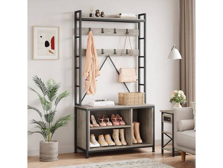 Meuble d'entrée Industriel Avec Banc Porte-Manteau Meuble à Chaussures Pour Vestiaire Couloir Entrée Brun Rustique Gris