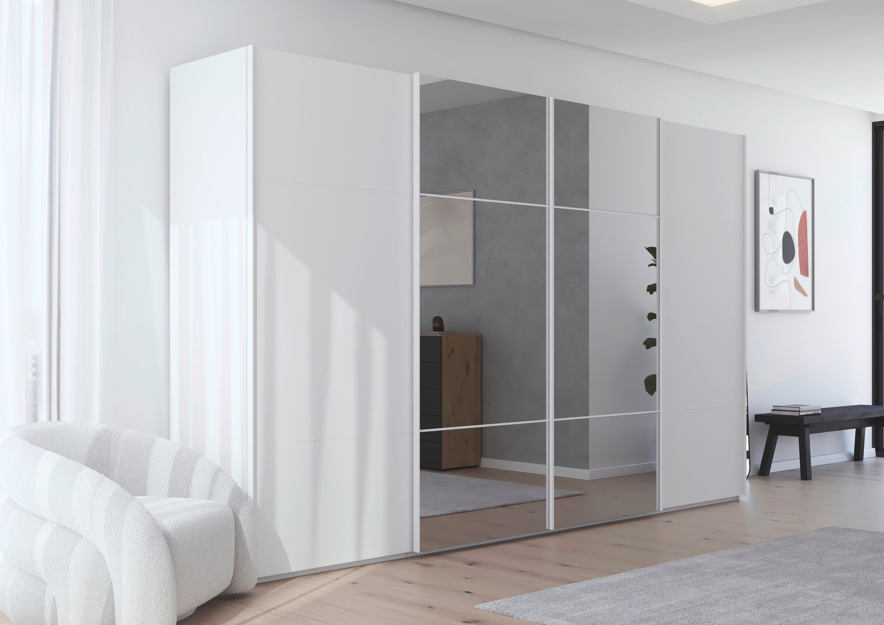 Schwebetürenschrank RAUCH "Kleiderschrank Schrank Garderobe Schlafzimmerschrank SCALE-TRIO", weiss (alpinweiß, griffleisten alpinweiß), B:360cm H:223cm T:68cm, Holzwerkstoff, Schränke, Schwebetürenschrank, edle dreigeteilte Front mit 2 Zierleisten und Spi