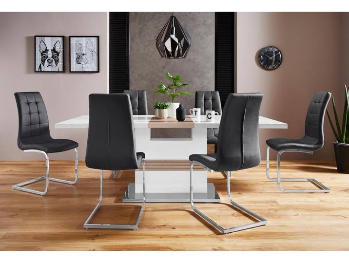 Essgruppe GOODPRODUCT Perez/Lola , schwarz-weiss (weiß hochglanz, schwarz), Sitzmöbel-Sets, Essgruppe, mit 4 Stühlen, Tisch ausziehbar, Breite 160-200 cm