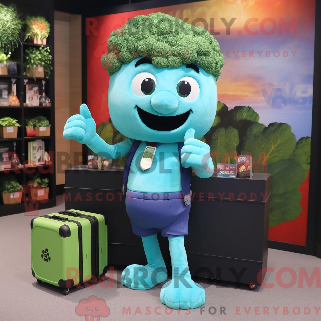 Maskottchenfigur REDBROKOLY eines cyanfarbenen Brokkoli mit Tanktop und Aktentasche