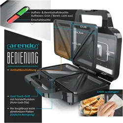 Arendo 3-in-1-Sandwichmaker, Kontaktgrill, Schwarz