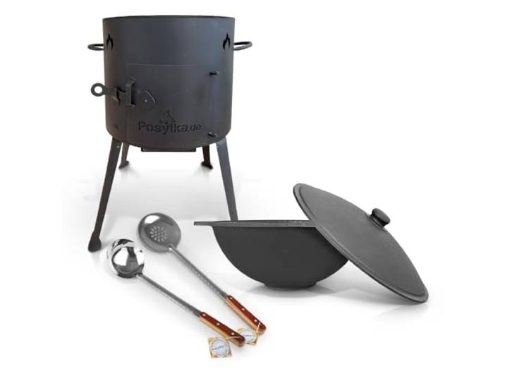 Utschak Feuerofen mit Gusseisen Topf flacher Boden mit Deckel (10 L) Kazan Schöpflöffel 48 cm Schöpfkelle 48 cm KazanoFF, Учаг, Outdoor, Feuerschale, Camping, Kasan, Gulaschkanone Dutch Oven (Set 4)