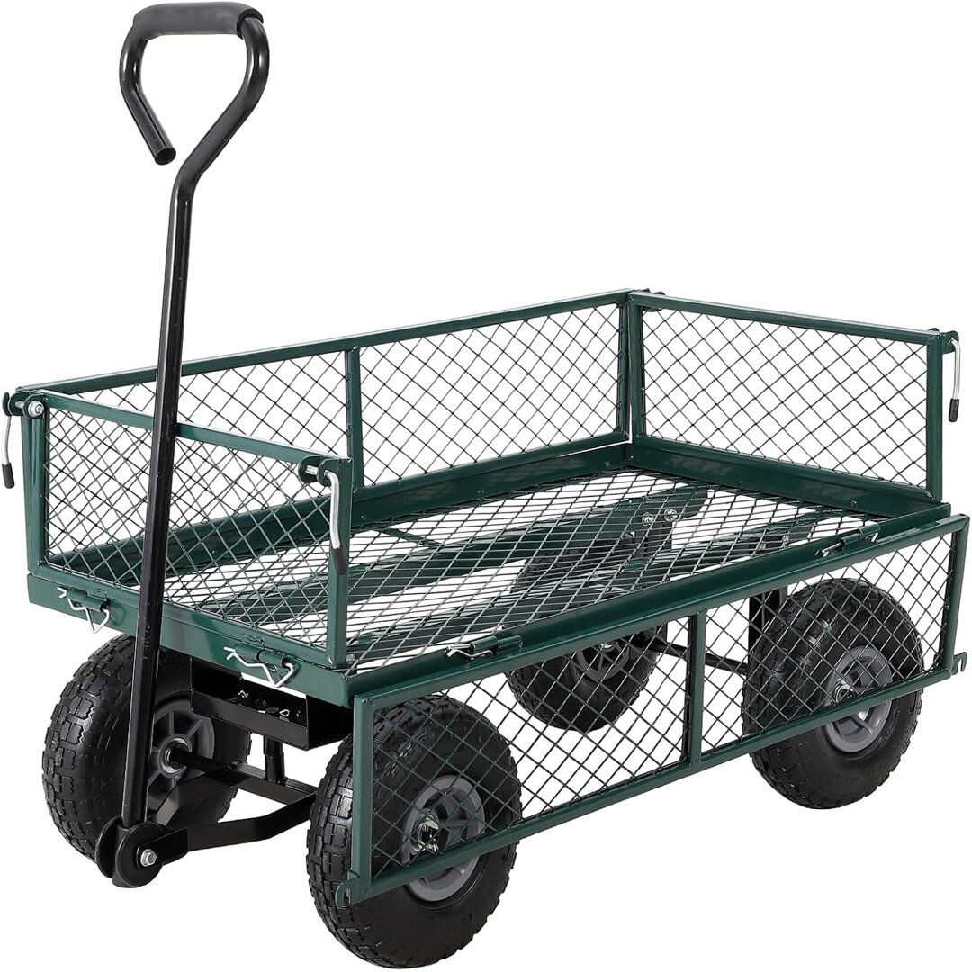 ZACOO 200KG Heavy Duty Steel Garden Trolley, Utility Rolling Cart with Removable Sides, Dual-Function Handle & 25cm Pneumatic Wheels for Tools, Plants and S Green 102 cm H x 52 cm W x 109 cm D