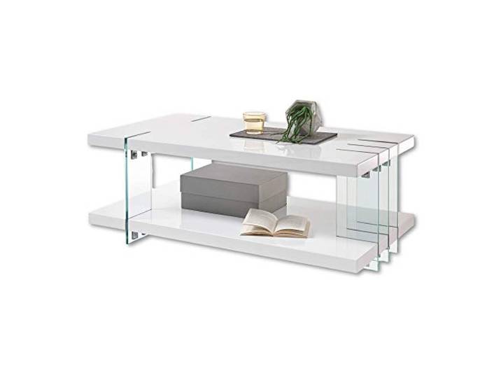 DALLAS Couchtisch weiß Hochglanz Sofatisch 110 x 40 x 60 cm (B/H/T) Design mit 5 Glaswangen aus Klarglas, praktischer Ablageboden für Stauraum, Wohnzimmer, stylischer Sofatisch