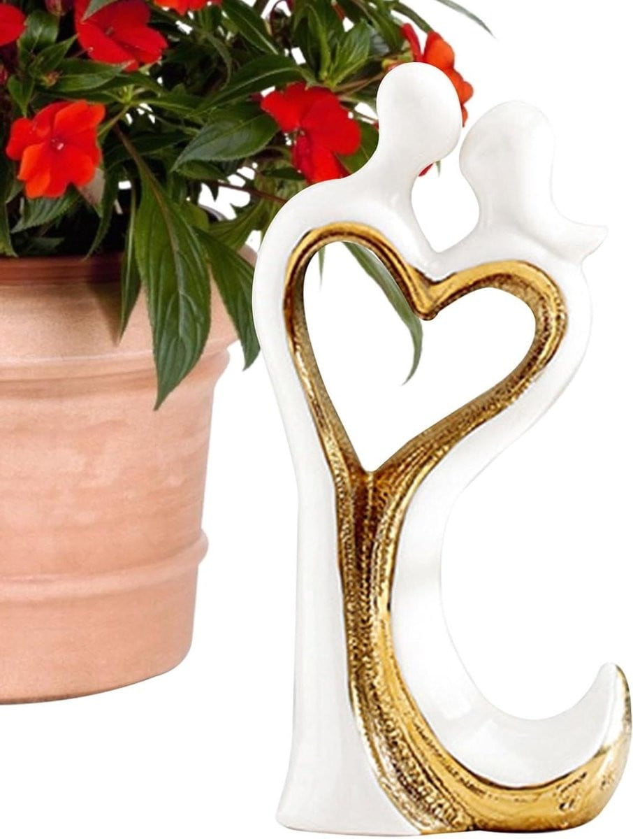 Keramisch Paarbeeld Wit - Abstract Design Decoratie - Hoogte: 14,5 cm