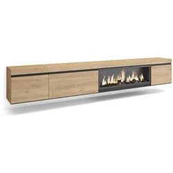 SKRAUT HOME Wohnzimmer-TV-Schrank, Viel Stauraum, 288x35x45cm, Großformat-TV, XXL-Elektrokamin, hängend, Farbe Eiche _ 493_102