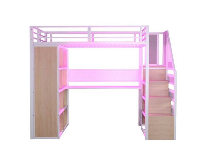 Lit mezzanine métal 90x200 cm blanc penderie placard bureau échelle prises EU rangements LED tôle perforée Sans Matelas