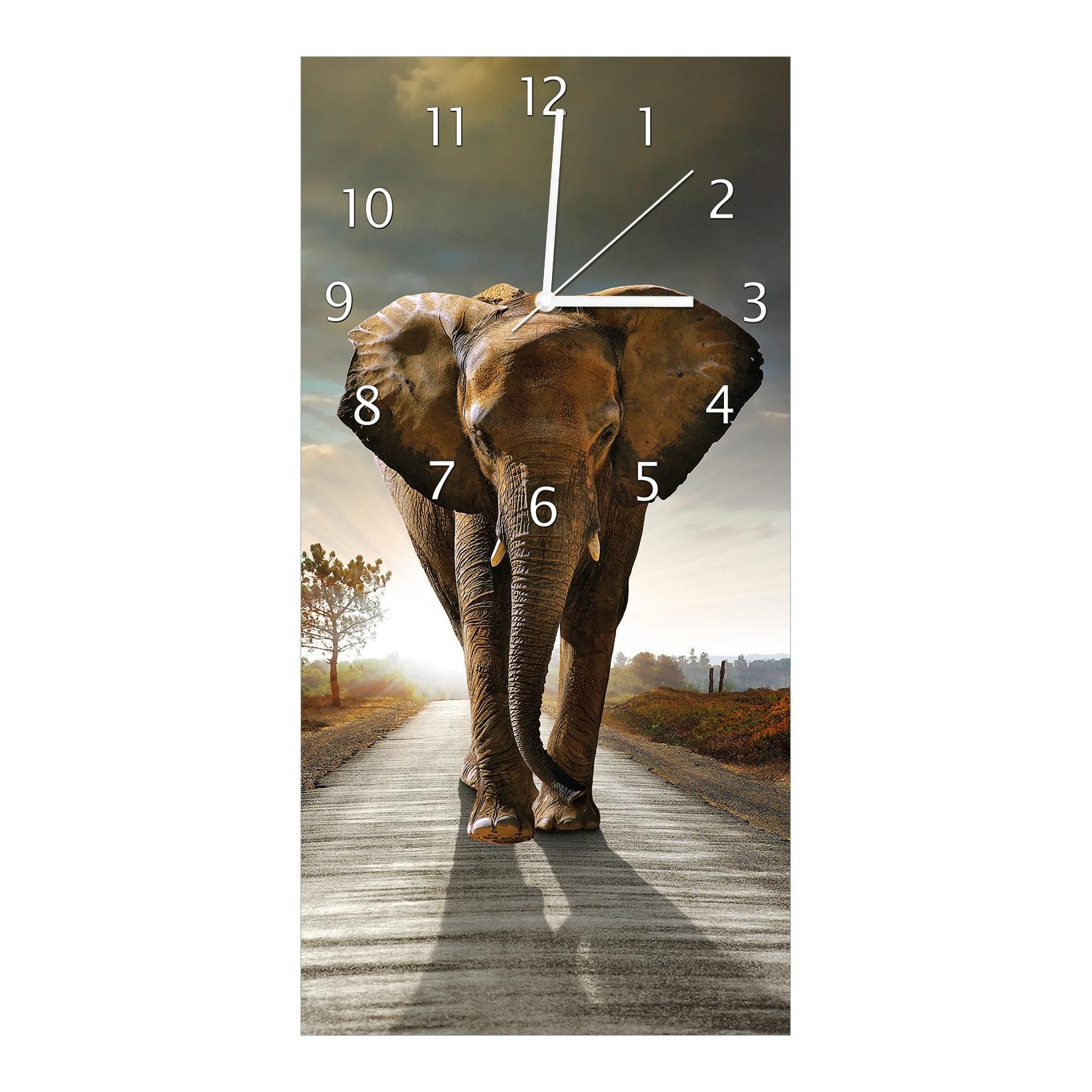 Wallario Uhr 30 x 60 cm, weiße Zeiger Elefant bei Sonnenaufgang in Afrika